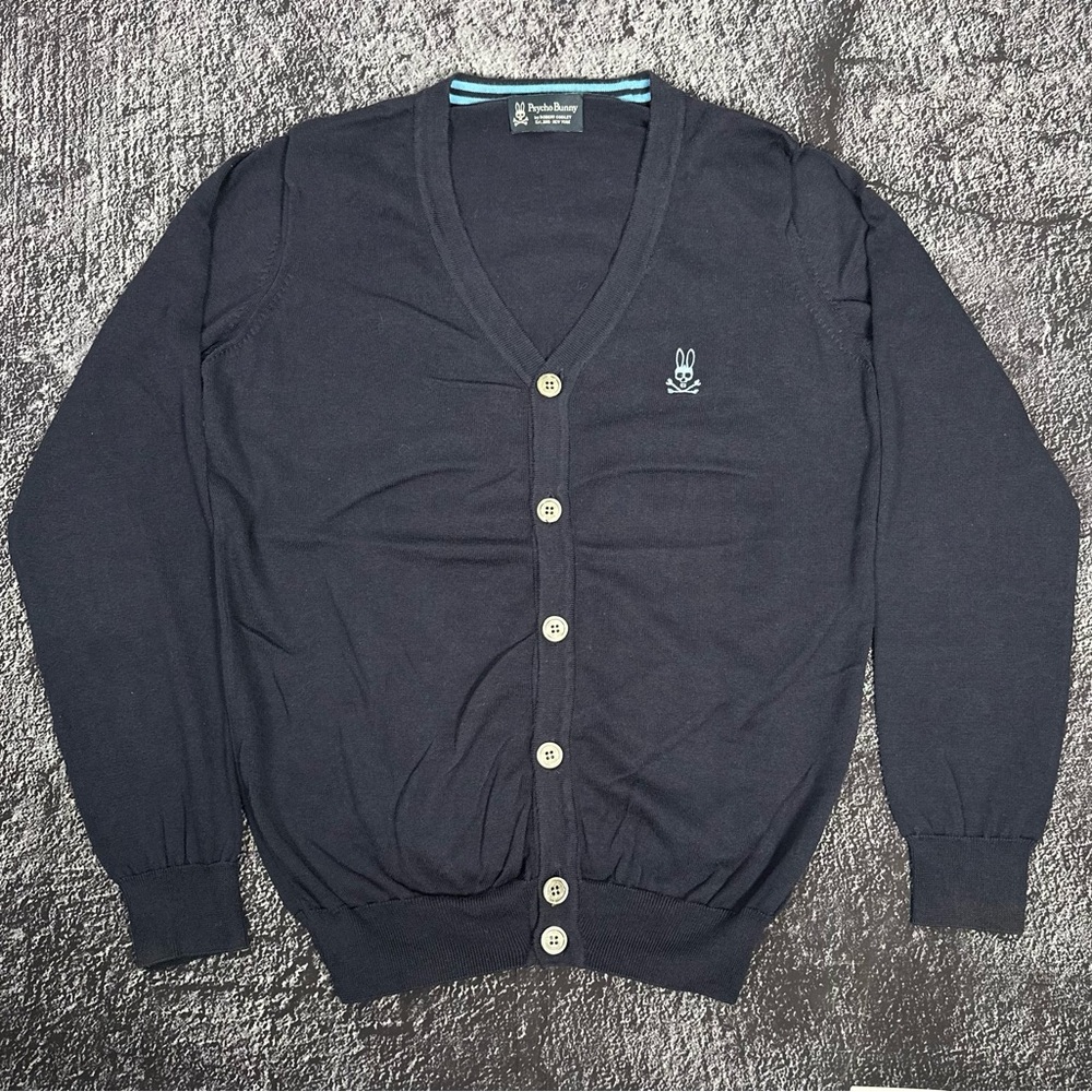 Psycho Bunny Cardigan - Navy Blue - Silver Buttons - Embroidered Logo SIZE M-S